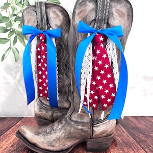 Patriotic Country Concert Boot Bows | Red Blue and White Boot Bows | Country Concert Boot Accessory | Patriotic Boot Bows, Lacey Boot Bows