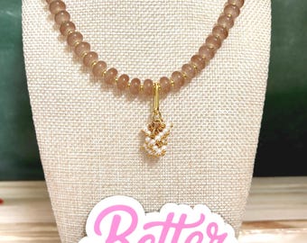 Light Brown Glass Bead Necklace | Pearl Cluster Pendant Necklace | Gold Beaded Necklace | Neutral Rondelle Glass Beads | Layering Necklace