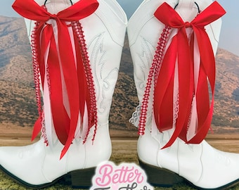 Red and White Country Concert Boot Bows, Red and White Boot Bows, Country Concert Boot Accessory, Bachelorette Boot Bows, Lacey Boot Bows