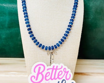 Handmade Blue Glass Bead Necklace, Bow Pendant, Gold or Silver Charm