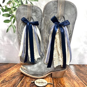 Navy Blue and Fringe Country Concert Boot Bows | Navy Boho Boot Bows | Country Concert Boot Accessory | Gingham Boot Bows I Boho Chic Bows