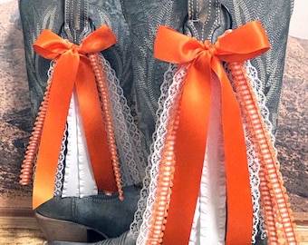 Nœuds pour bottes d'inspiration universitaire | Orange | Nœuds pour bottes GameDay | Nœuds pour bottes orange | Bottes pour le jour du match | Nœuds pour bottes de concert | Vichy orange