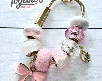 Pink Beaded Keychain w/ Gold Bow Charm | Personalized Initial Bag Charm | Purse Accessory | Carabiner Charm | Gold Bag Accessory