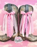 Megan Country Concert Boot Bows | Pink and White Boot Bows | Country Concert Boot Accessory | Pink Cloud Ribbon Boot Bows, Lacey Boot Bows