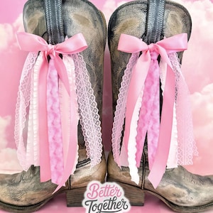 Megan Country Concert Boot Bows | Pink and White Boot Bows | Country Concert Boot Accessory | Pink Cloud Ribbon Boot Bows, Lacey Boot Bows