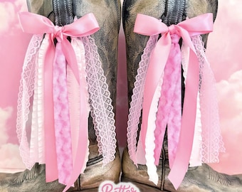 Megan Country Concert Boot Bows | Pink and White Boot Bows | Country Concert Boot Accessory | Pink Cloud Ribbon Boot Bows, Lacey Boot Bows
