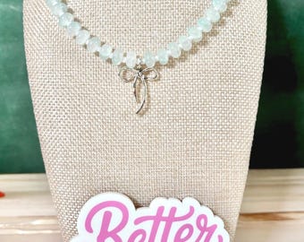 Handmade Glass Beaded Bow Necklace | Silver Bow Charm Necklace | Light Blue Beaded Necklace | Minimalist Jewelry