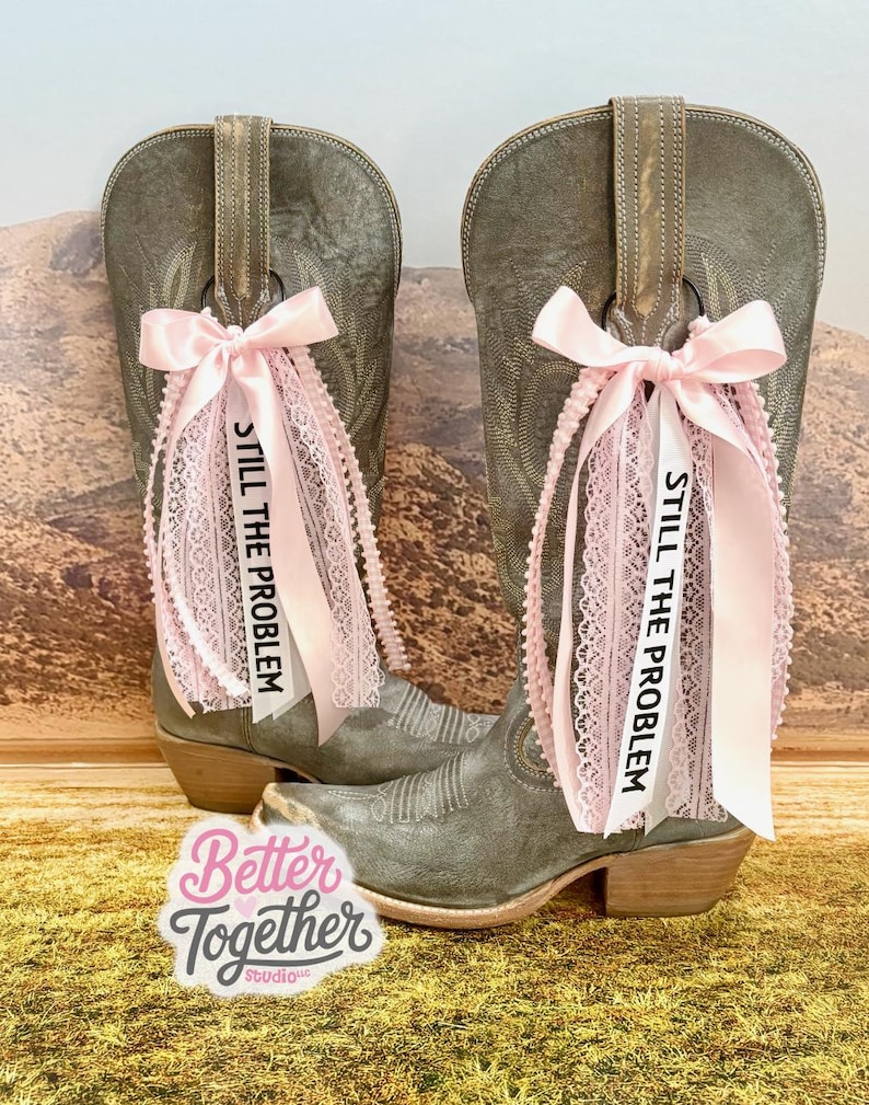 May include: A pair of gray cowboy boots adorned with pink lace and ribbons. The ribbons are tied in bows and feature the text "STILL THE PROBLEM." The boots are set against a backdrop of a landscape.