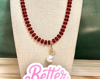 Burgundy Glass Bead Necklace | Pearl  Pendant Necklace | Gold Beaded Necklace | Maroon Rondelle Glass Beads | Layering Necklace