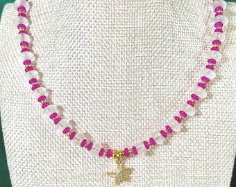 Gold Starfish Charm Necklace | Crystal Glass Beads| Hot Pink and Frostes Clear Beaded Necklace