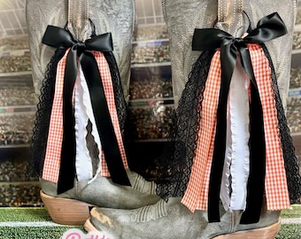 College Inspired Boot Bows | Orange & Black Gingham Boot Bows | Cowboys | Concert Boot Bows  | Game Day Boot Bows