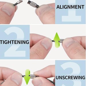 May include: A three-step instructional graphic for a metal cable connector. Step 1 shows alignment of the threaded ends. Step 2 shows tightening the silver textured barrel by rotating it. Step 3 shows unscrewing the connector in the opposite direction.