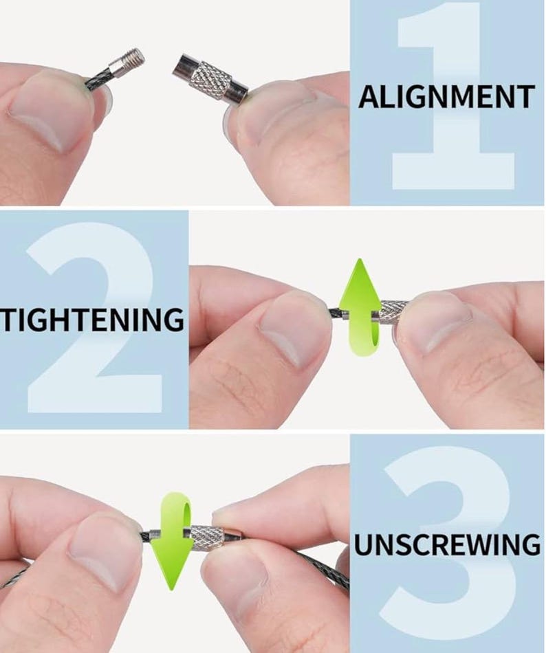 May include: A three-step instructional graphic for a metal cable connector. Step 1 shows alignment of the threaded ends. Step 2 shows tightening the silver textured barrel by rotating it. Step 3 shows unscrewing the connector in the opposite direction.