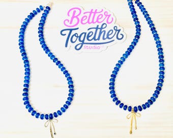Bow Beaded Necklace, Handmade Glass Bead Necklace, Coquette Jewelry, Blue Beaded Necklace, Feminine Bow, Gold or Silver Bow Charm