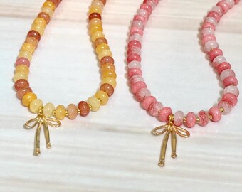 Gold Bow Beaded Necklace, Handmade Glass Bead Necklace, Coquette Jewelry, Pink Beaded Necklace, Sunset Bead Necklace, Feminine Bow