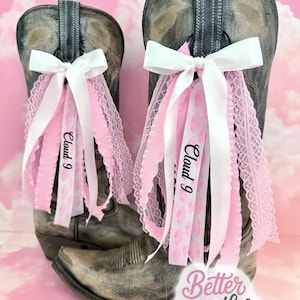 Megan Country Concert Boot Bows | Pink and White Boot Bows | Country Concert Boot Accessory | Pink Cloud Ribbon Boot Bows, Lacey Boot Bows