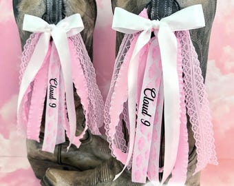 Megan Country Concert Boot Bows | Pink and White Boot Bows | Country Concert Boot Accessory | Pink Cloud Ribbon Boot Bows, Lacey Boot Bows