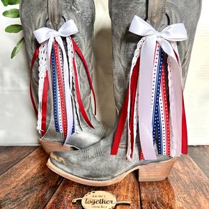 TRENDING Patriotic Boot Bows | Red Blue and White Boot Bows | Country Concert Outfit | Country Concert Boot Bows | Lacey Boot Bows
