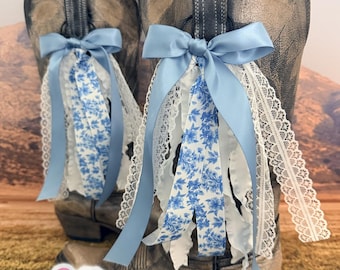 Blue Floral Boot Bows | Light Blue and White Boot Bows | Cowboys | Concert Boot Bows  | College Boot Bows | Game Day | Lacey Boot Bows