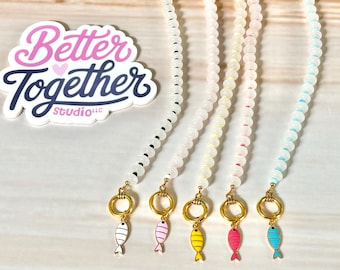 Colorful Fish Charm Beaded Necklace | Gold Toggle Necklace | Clear Glass Rondelle Beads | Coastal Jewelry | Beach Necklace