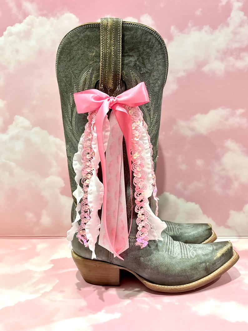 Pink Cloud Concert Boot Bows | Pink and White Boot Bows | Country Concert Boot Accessory | Sequin Boot Bows I Sparkly Bows image 9