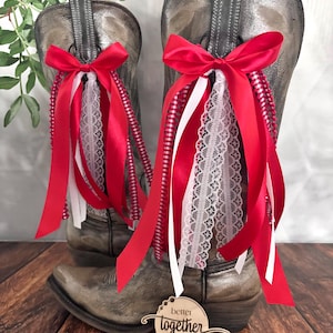 Red and White Country Concert Boot Bows, Red and White Boot Bows, Country Concert Boot Accessory, Bachelorette Boot Bows, Lacey Boot Bows