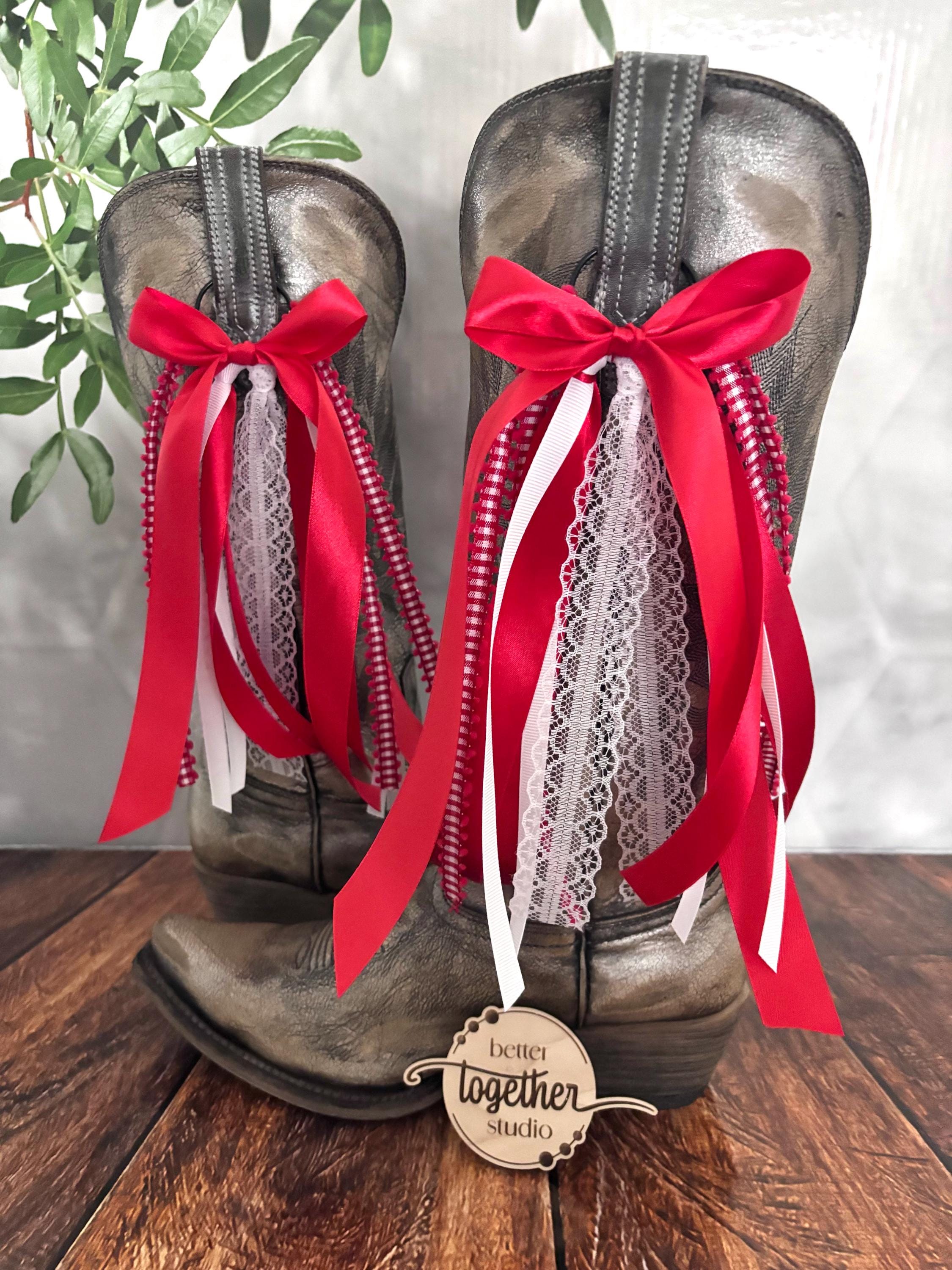Red and White Country Concert Boot Bows, Red and White Boot Bows, Country Concert Boot Accessory, Bachelorette Boot Bows, Lacey Boot Bows