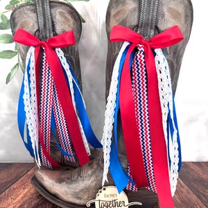 TRENDING Patriotic Boot Bows | Red Blue and White Boot Bows | Country Concert Outfit | Country Concert Boot Bows | Lacey Boot Bows