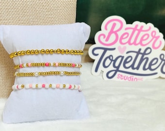 The Everblush Stack | Gold Bracelets | Handmade Stackable Bracelets | Gold & Pearl Bracelets | Pink Beaded Bracelets | Stretch Bracelets