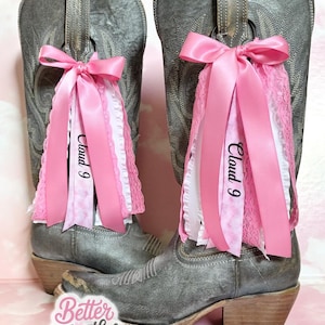 Megan Country Concert Boot Bows | Pink Boot Bows | Country Concert Boot Accessory | Pink Cloud Ribbon Boot Bows, Lacey Boot Bows