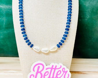 Blue Glass Bead Necklace | Pearl Pendant Necklace | Gold or Silver Accents | Blue Rondelle Glass Beads | Layering Necklace