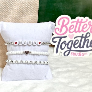 The Eversilver Mama Stack | Silver Beaded Bracelet Stack | Mama Bracelet Stack | Handmade Stretch Bracelets | Silver & White Beaded Bracelet