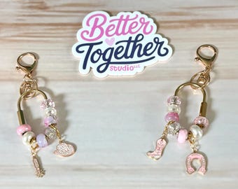 Pink Western Beaded Keychain with Charms | Personalize Initial Bag Charm | Purse Accessory | Carabiner Bag Charm | Gold Bag Accessory