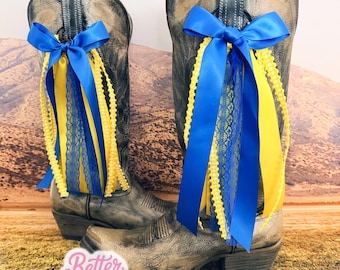 College GameDay Boot Bows | Collegiate Boot Bows | Game-day | Blue & Gold Boot Bows | Game-day Accessory | Boot Bows I Graduation Gift