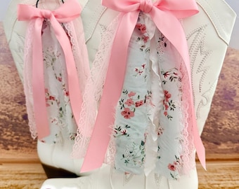 Light Blue and Pink Floral Boot Bows | Cowgirl bows | Concert Boot Bows  | College Boot Bows | Game Day | Lacey Boot Bows