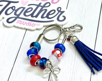 Red White & Blue Beaded Keychain with Silver Bow Charm, Patriotic Bag Charm, Red White Blue Purse Charm, Bow Bag Accessory, Tassel Keychain