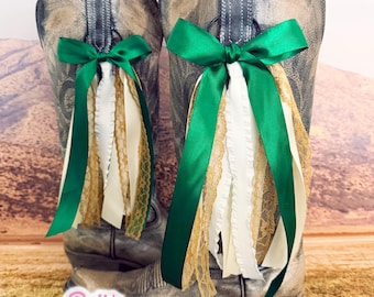 GameDay Boot Bows | Green and Gold Boot Bows | Game-day Accessory | Game-day I Boot Bows I Graduation Gift | White and Cream