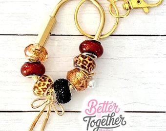 Leopard Print Beaded Keychain w/ Gold Bow Charm | Personalized Initial Bag Charm | Purse Bag Accessory | Carabiner Charm