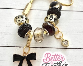 Black and Leopard Print Beaded Keychain w/ Gold Bow Charm | Personalized Initial Bag Charm | Purse Bag Accessory | Carabiner Charm