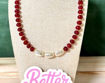 Burgundy Glass Bead Necklace | Pearl Pendant Necklace | Gold Beaded Necklace | Maroon Rondelle Glass Beads | Layering Necklace