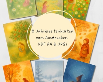 Waldorf seizoenskaarten - 8 printbare ontwerpen | Seizoensgebonden tafeldecoraties | Lente, zomer, herfst, winter | Digitale download