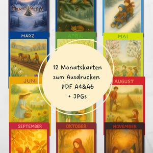 Op de afbeelding: Een set van 12 maandkaarten met seizoensgebonden illustraties voor elke maand, gelabeld met Duitse maandnamen. Een centrale cirkelvormige overlay toont de tekst 12 Monatskarten zum Ausdrucken PDF A4&A6 + JPGs, wat duidt op een digitaal product.