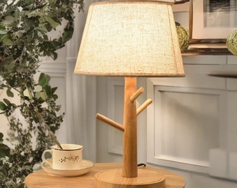 Lampada da comodino in legno: luce calda con paralume in tessuto - Lampada da scrivania creativa per casa e ufficio