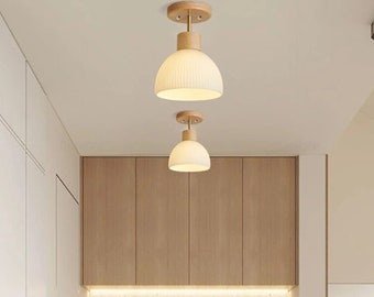 Plafoniera in legno nordico: lampada moderna in vetro rigato per cucina, passerella - Apparecchio di illuminazione per interni