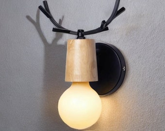 Rustic Charm: Antler Wood Wall Lamp - Perfect for Dining, Living, or Bedside Lighting! Home Decor Fixture