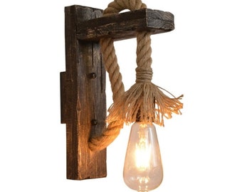 Wood Lamp, Vintage Wood & Hemp Rope Wall Lamps, Perfect for Living room and Bedside Lighting, Decor Lighting