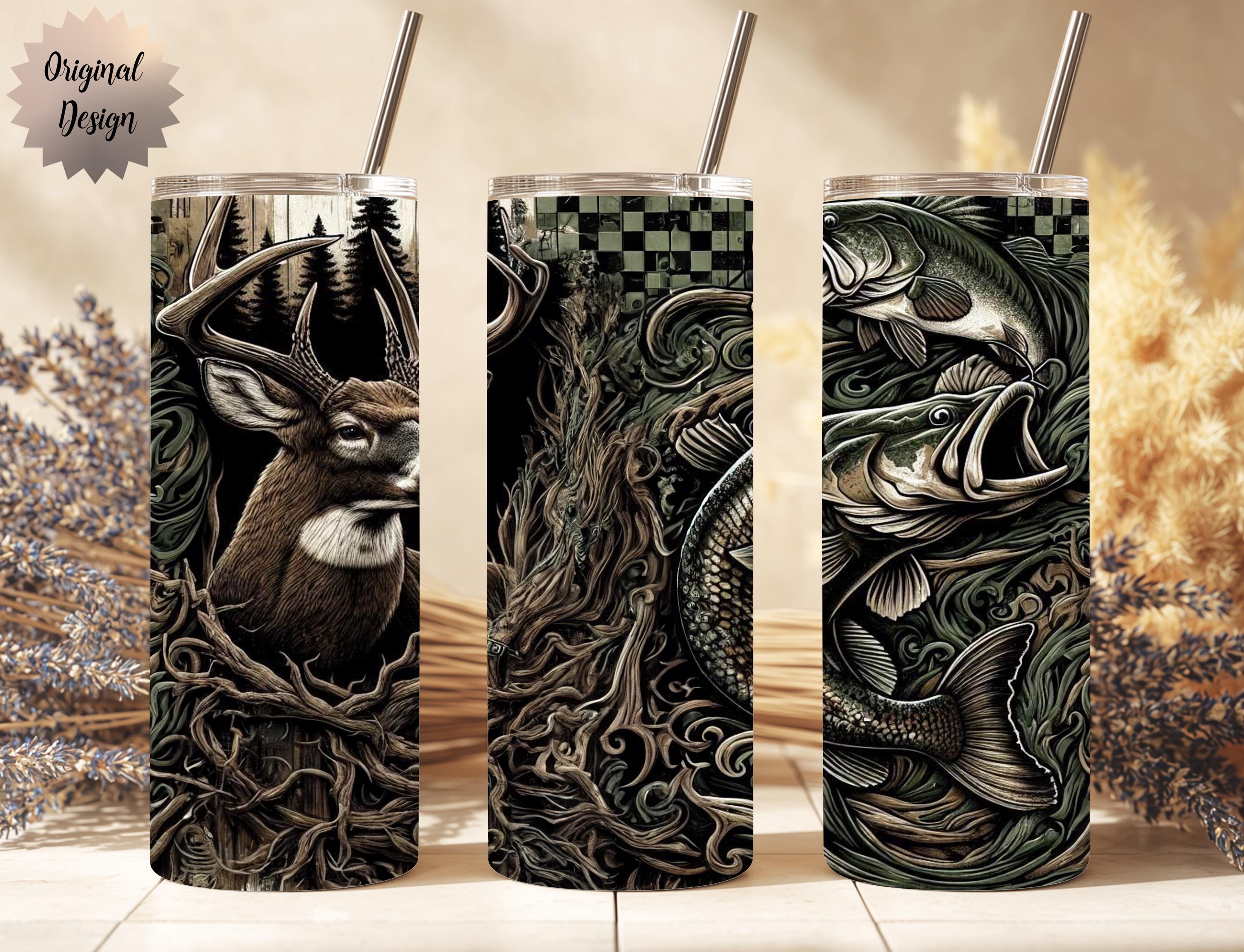 Retro Fishing Deer Camo Seamless Tumbler Wrap 20oz Tumbler Sublimation PNG, Hunting Season Design American Fishing Hunting Digital Download - Thumbnail 3