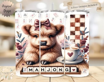 Mahjong Highland Cow Coquette Burgundy Wildflower Seamless Tumbler Wrap 20oz Tumbler Sublimation PNG Mahjong Pattern Design Digital Download