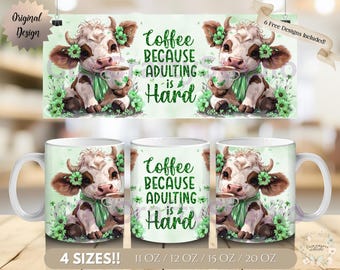 Floral Highland Cow Green Mug Wrap, Coffee Because Adulting is Hard Sublimation Design 11oz 12oz 15oz 20oz Mug PNG Cute Cow Digital Download