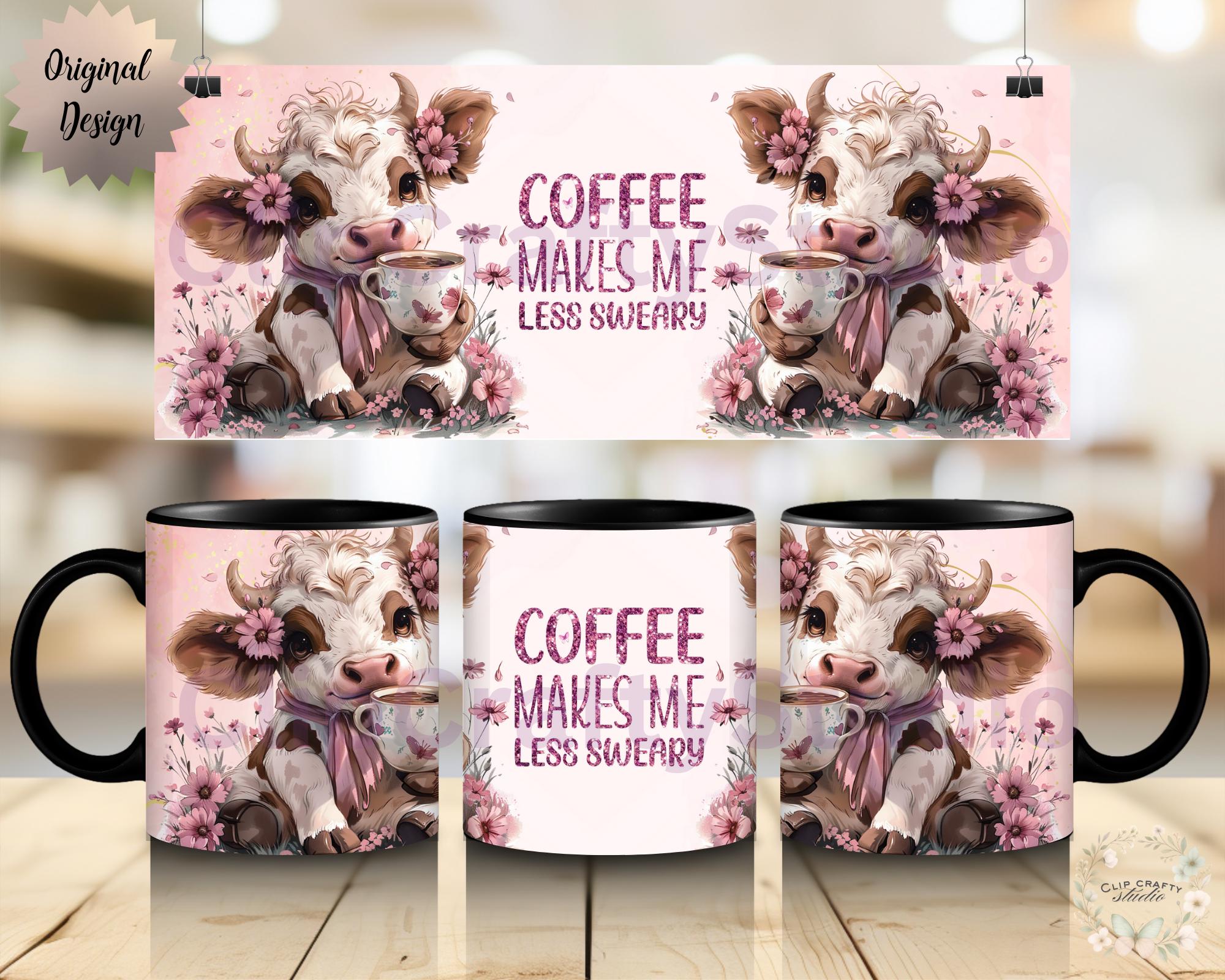 Cute Highland Cow Pink Mug Wrap PNG - Coffee Makes Me Less Sweary, 11oz 12oz 15oz 20oz Funny Floral Cow Mug Sublimation, Digital Download - Thumbnail 2
